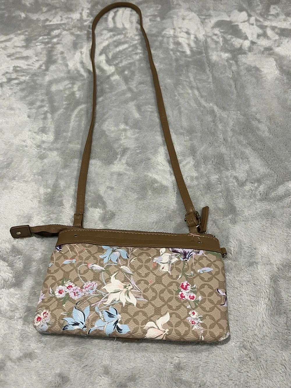 Floral Tan Crossbody Bag with Front Pocket